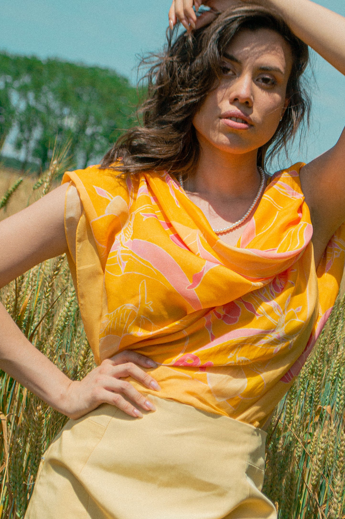 Foulard géant coton soie Virginie Riou « Le grand citronnier »