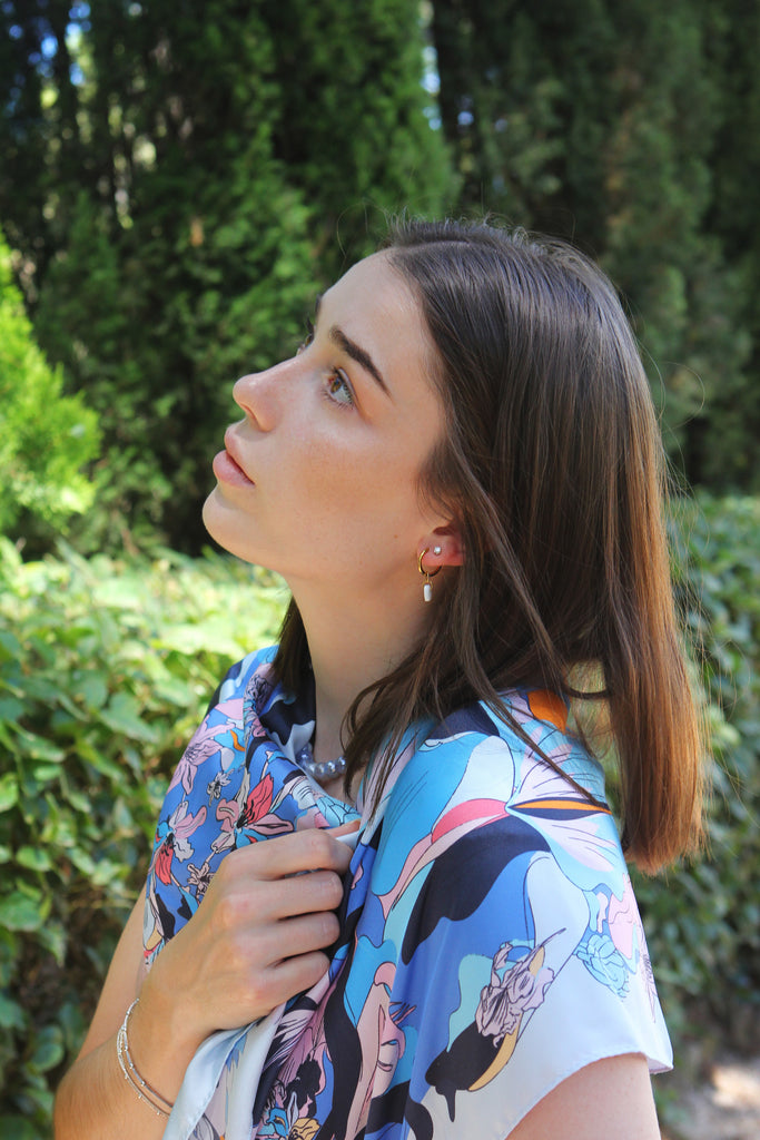 carré en soie bleu, fleuri, 100cm