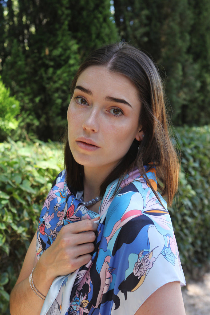 carré en soie bleu, fleuri, 100cm