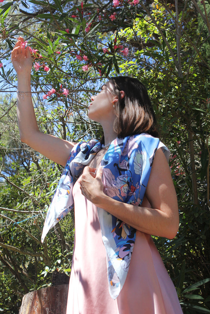 carré en soie bleu, fleuri, 100cm