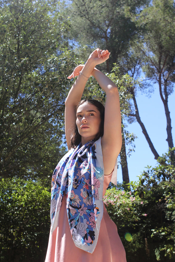 carré en soie bleu, fleuri, 100cm