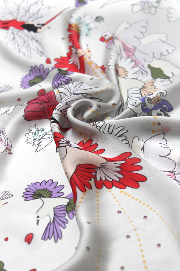 Carré en soie, 90, Oiseau d'amour, blanc