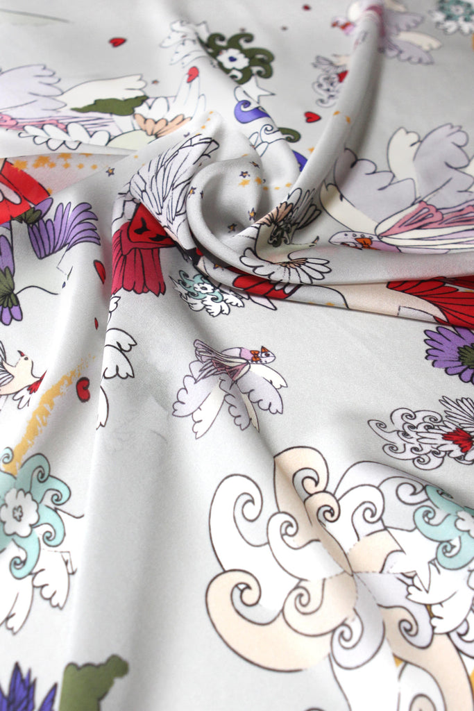 Carré en soie, 90, Oiseau d'amour, blanc