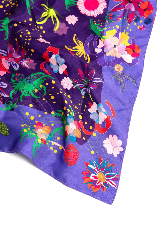 foulard femme violet, fleuri, fabriqué en france