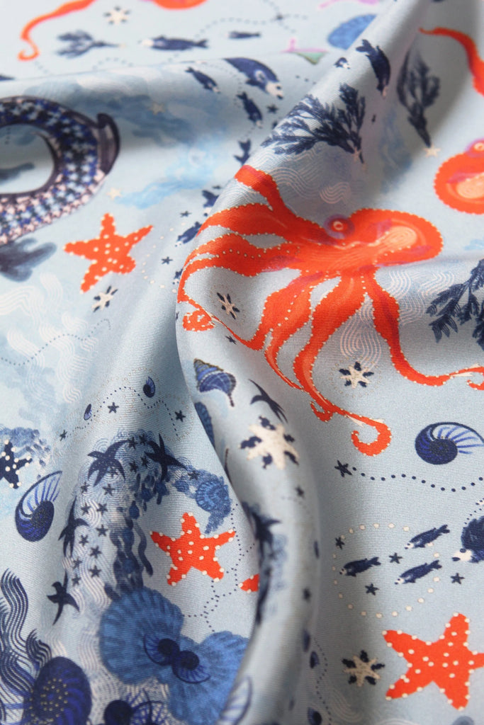 carré en soie, 65 cm, bleu, imprimé la mer