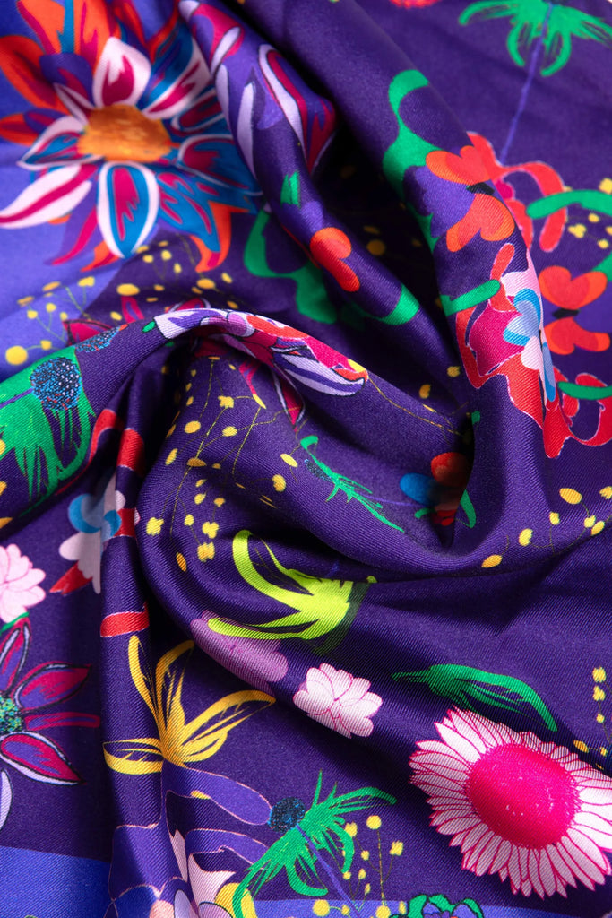 foulard femme violet, fleuri, fabriqué en france