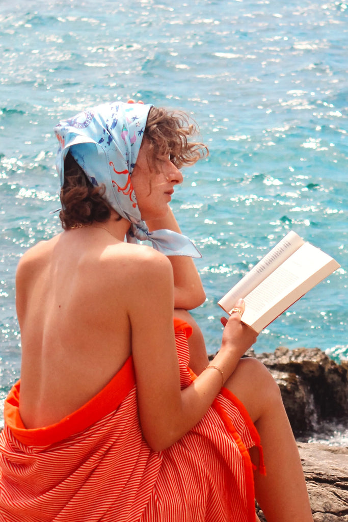 carré en soie, 65 cm, bleu, imprimé la mer