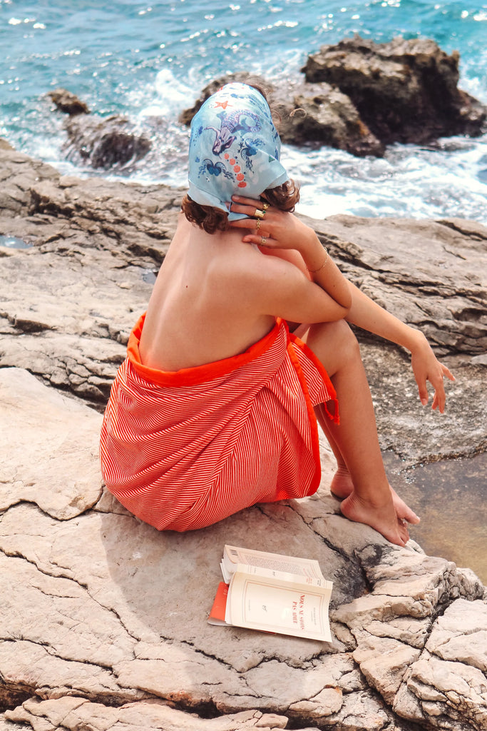 carré en soie, 65 cm, bleu, imprimé la mer