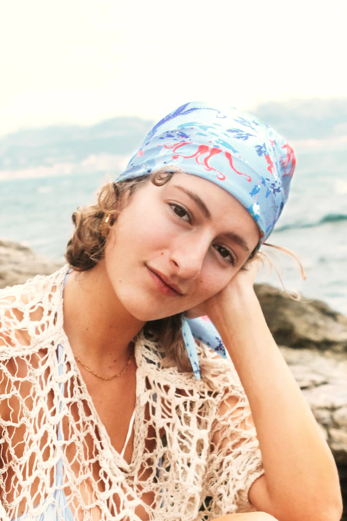 foulard bleu, imprimé la mer, pour femme