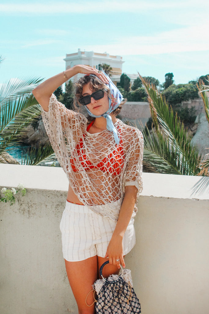 carré en soie, 65 cm, bleu, imprimé la mer