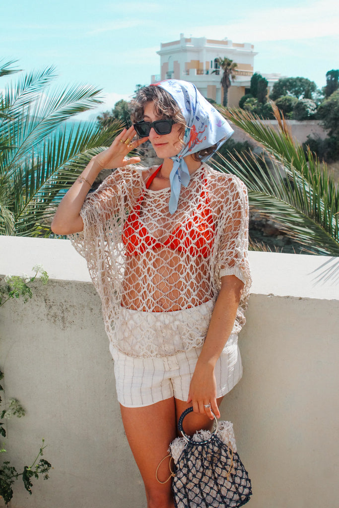 carré en soie, 65 cm, bleu, imprimé la mer