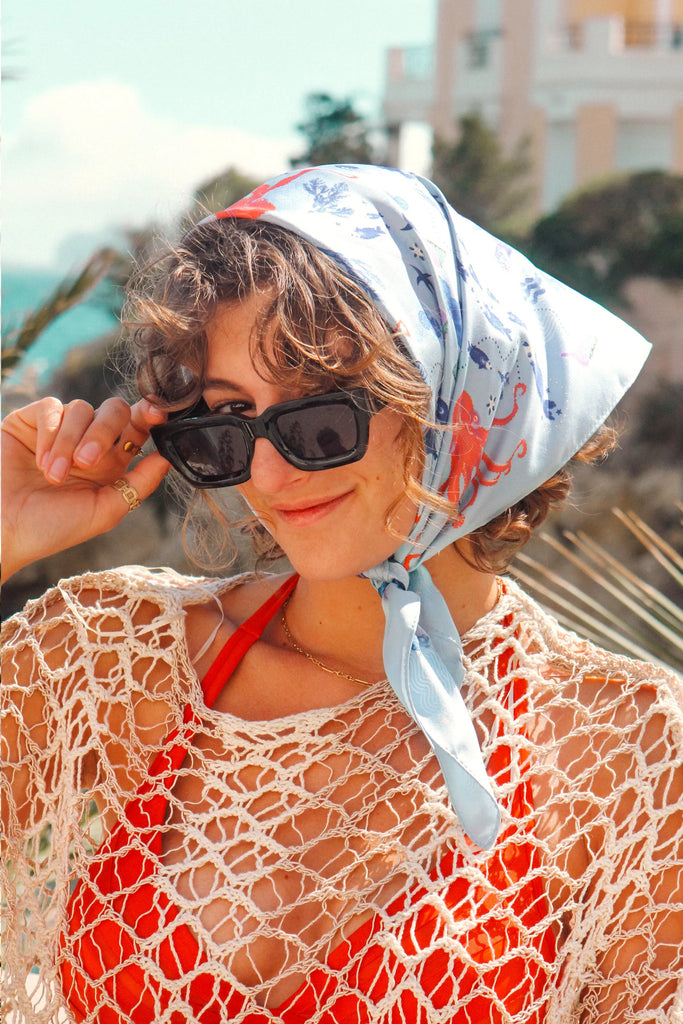 carré en soie, 65 cm, bleu, imprimé la mer