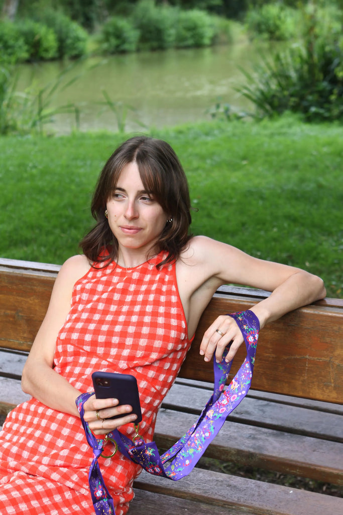 Bandoulière de téléphone, accessoire téléphone, fleurie, violette