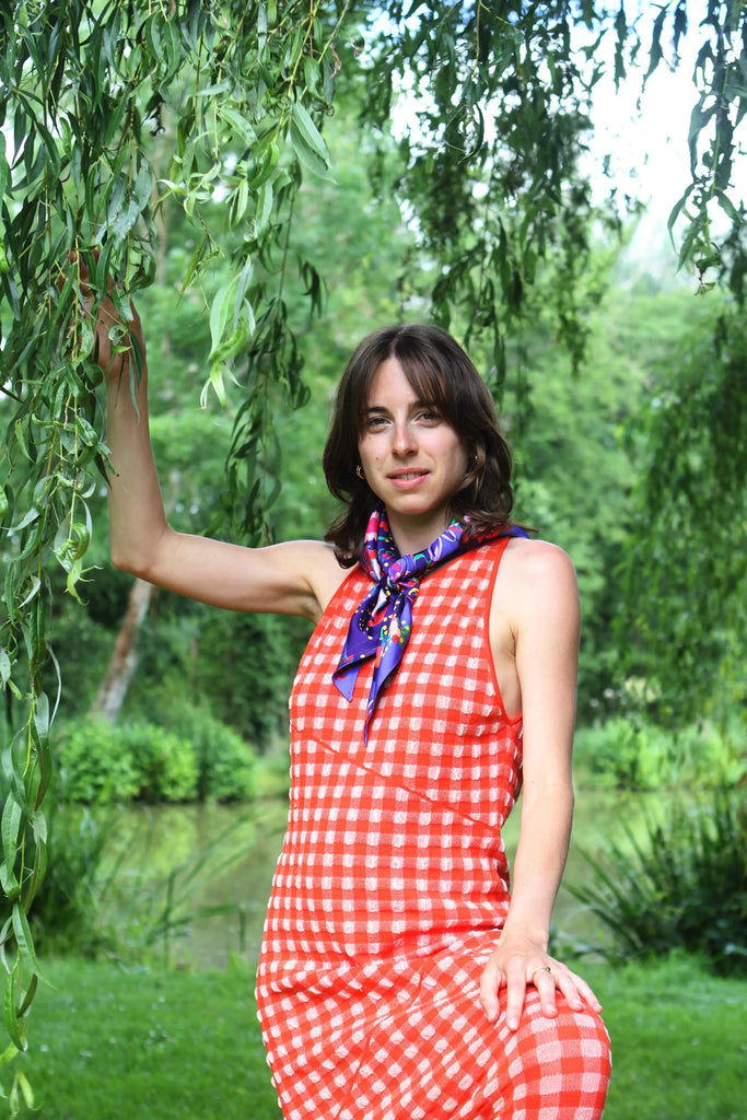 foulard femme violet, fleuri, fabriqué en france