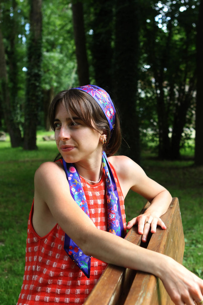 Bandeau cheveux, foulard bandeau fleuri, violet, twilly