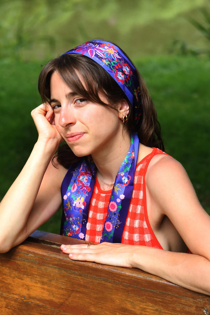 Bandeau cheveux, foulard bandeau fleuri, violet, twilly