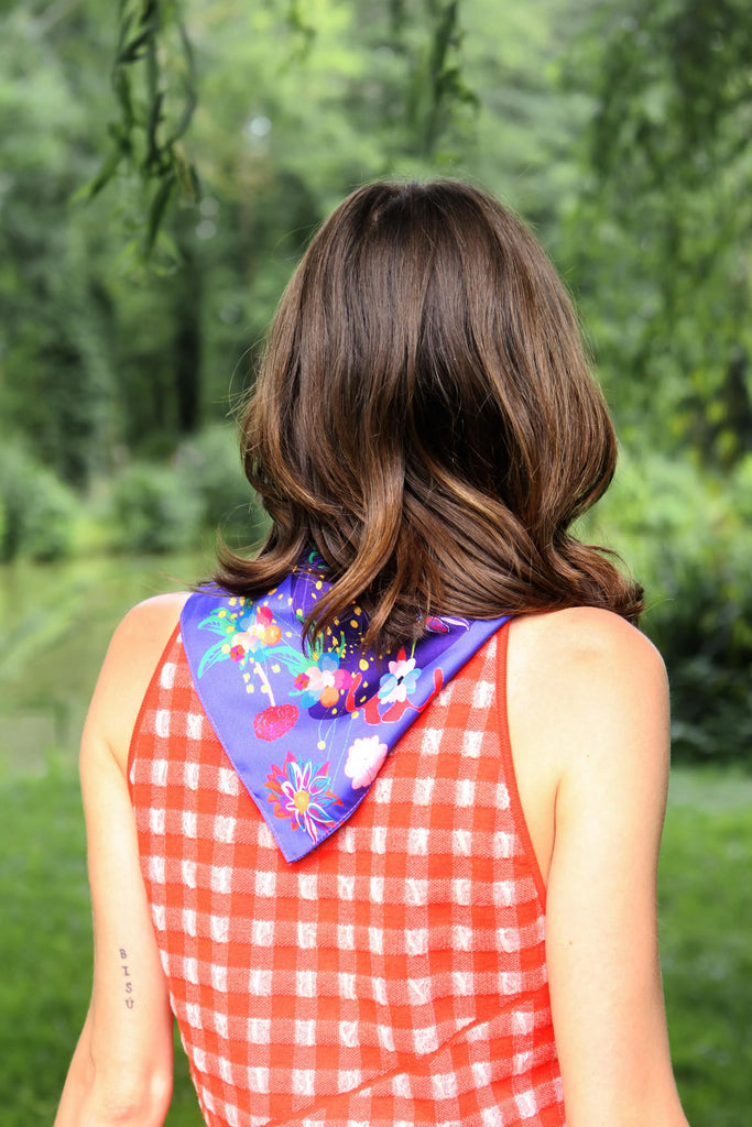 foulard femme violet, fleuri, fabriqué en france