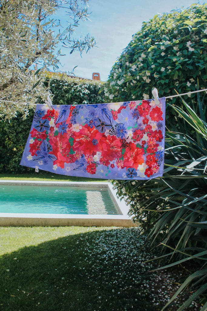 carré soie 65 cm, tropical, fleuri violet et rose