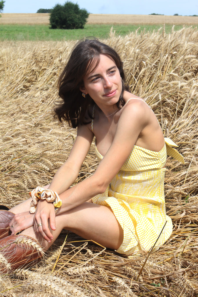 chouchou twill jaune, chouchou fleuri