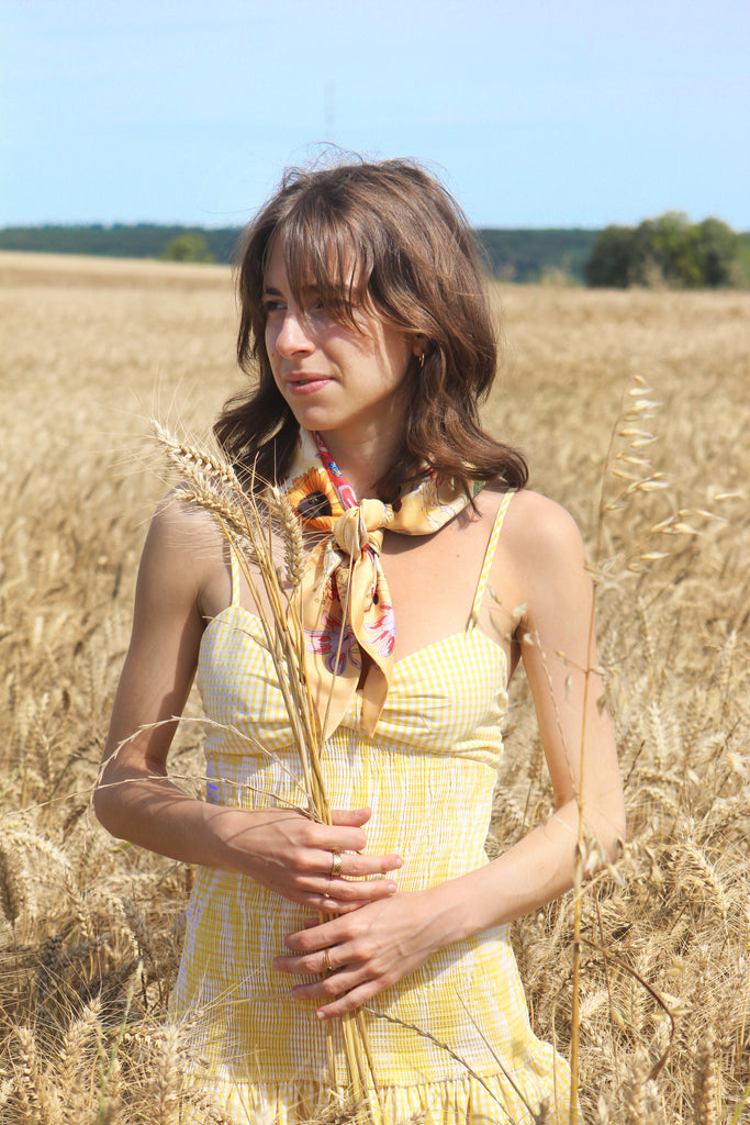 foulard triangle, tournesol, jaune