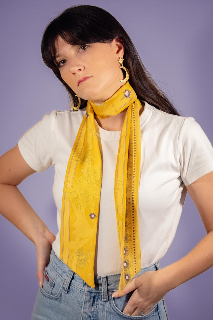Bandeau cheveux, twill de soie, le colibri, jaune