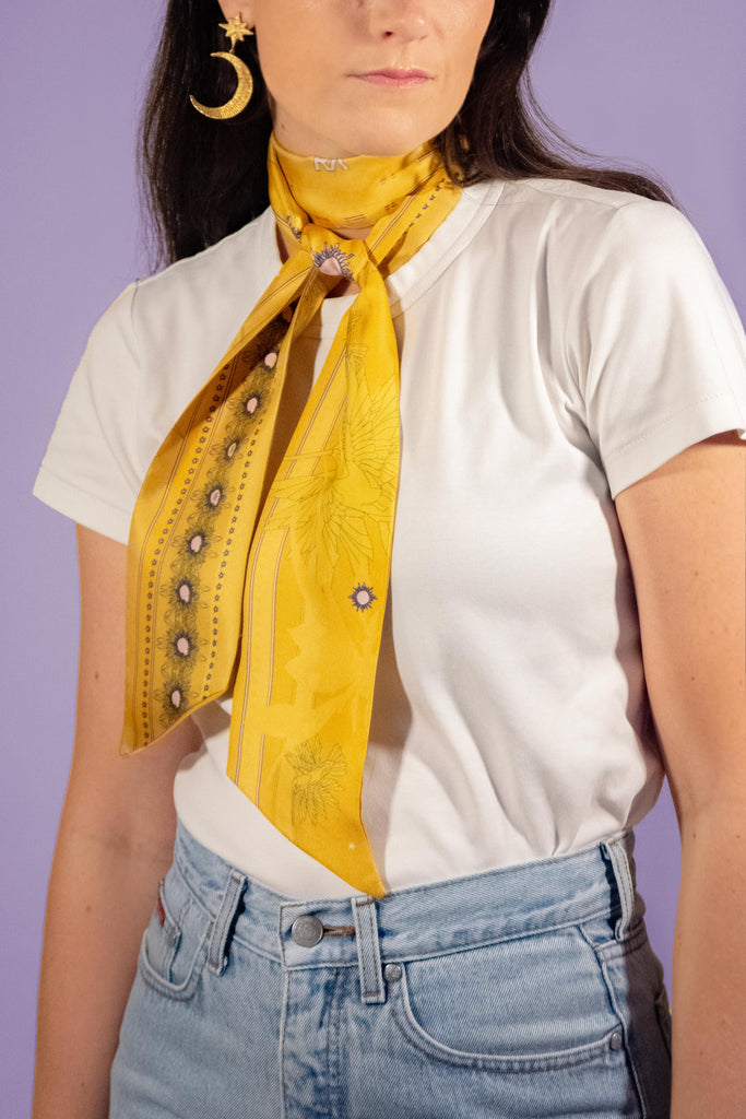 Bandeau cheveux, twill de soie, le colibri, jaune
