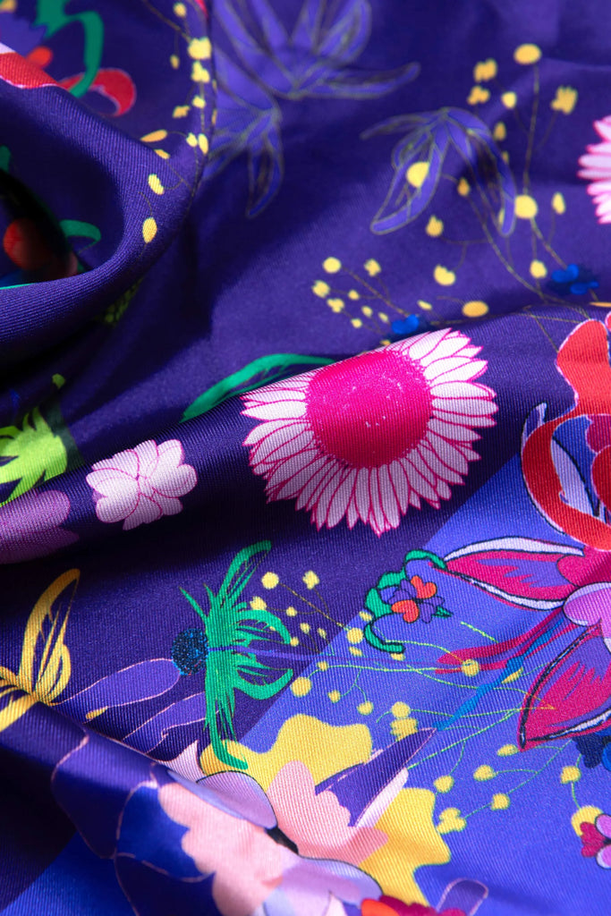 carré soie, 65 cm, violet, fleuri