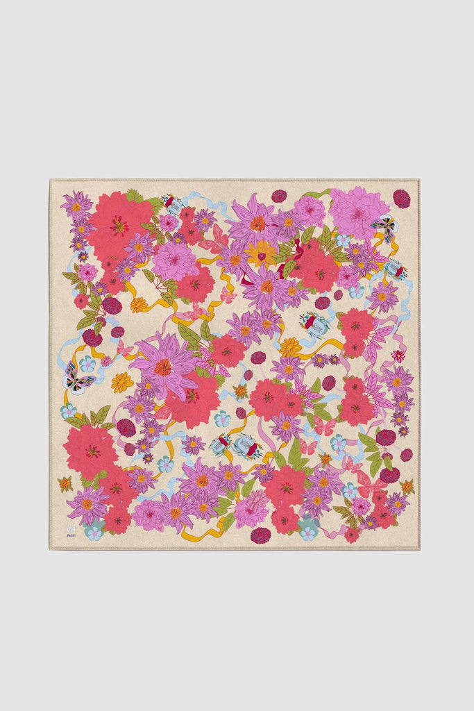 Carré en soie, 65, Le jardin, rose et beige