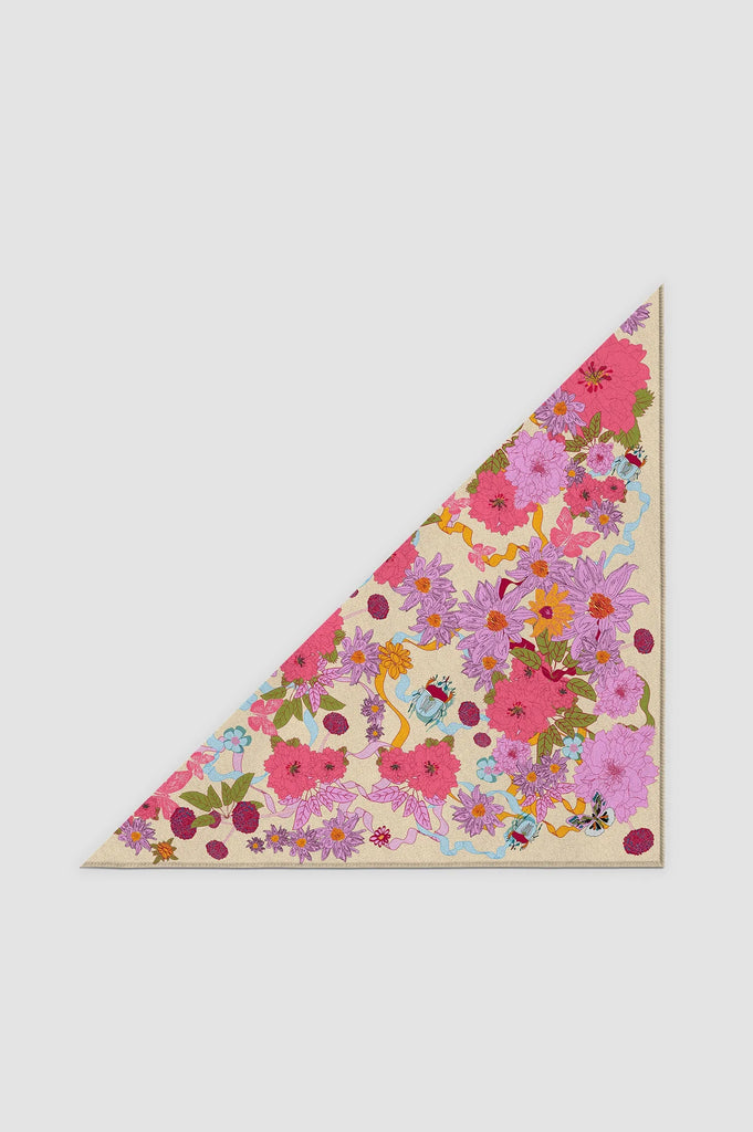 Foulard triangle, le jardin, beige et rose