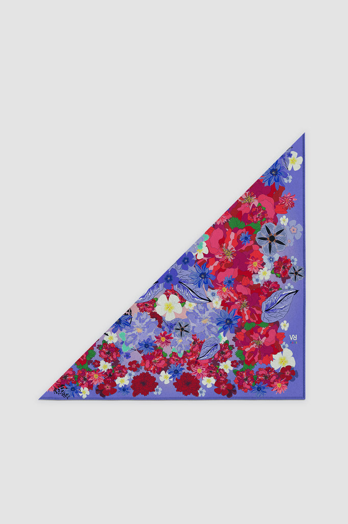 Foulard triangle "tropical", foulard cheveux, violet et rose fleuri, été 2024