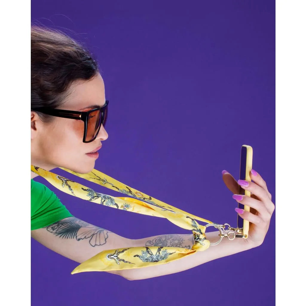 Bandoulière de téléphone réversible, les chamans du Soleil, jaune